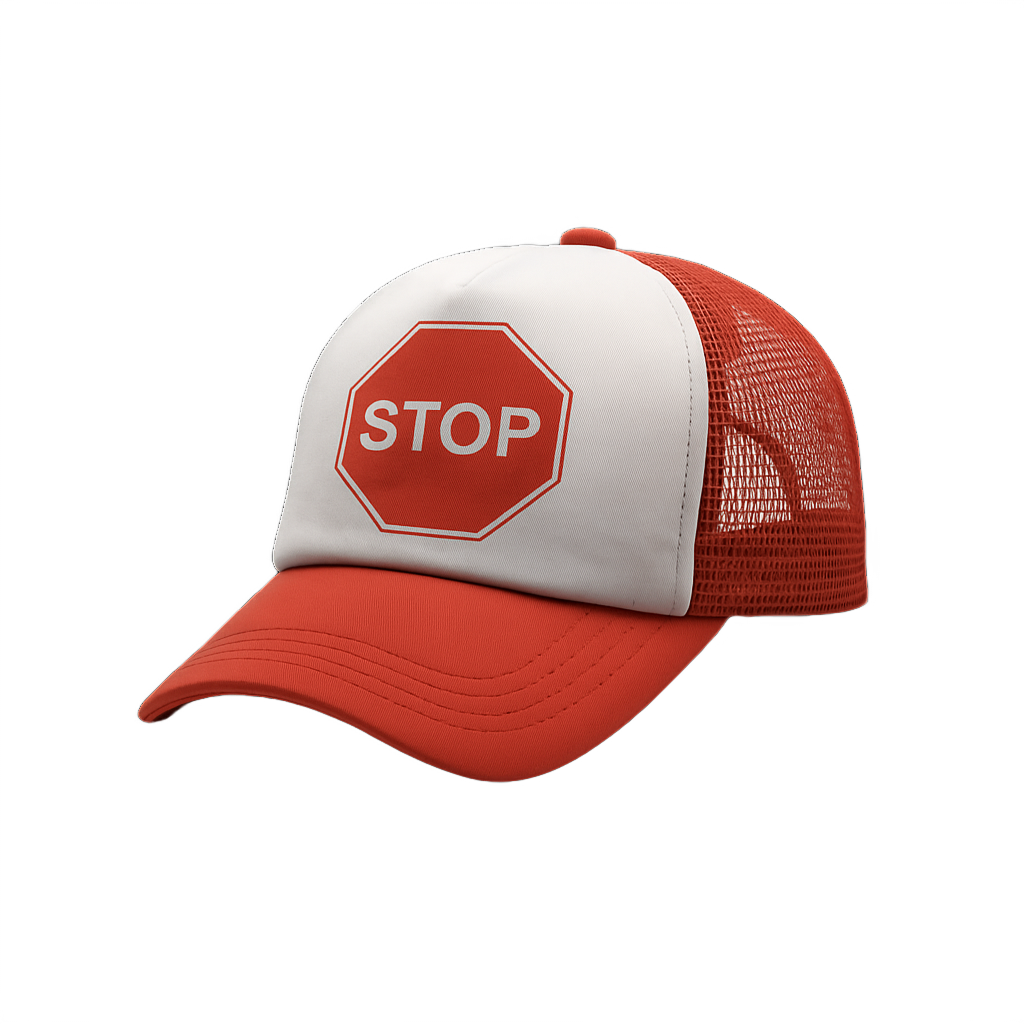 Red and white cap with a stop sign design on a white background