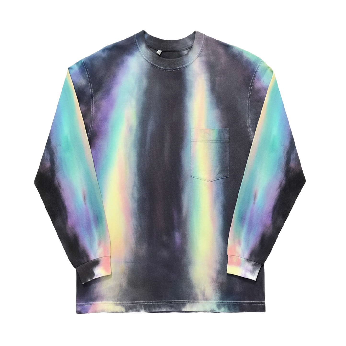 Long-sleeve shirt with rainbow tie-dye pattern on a white background