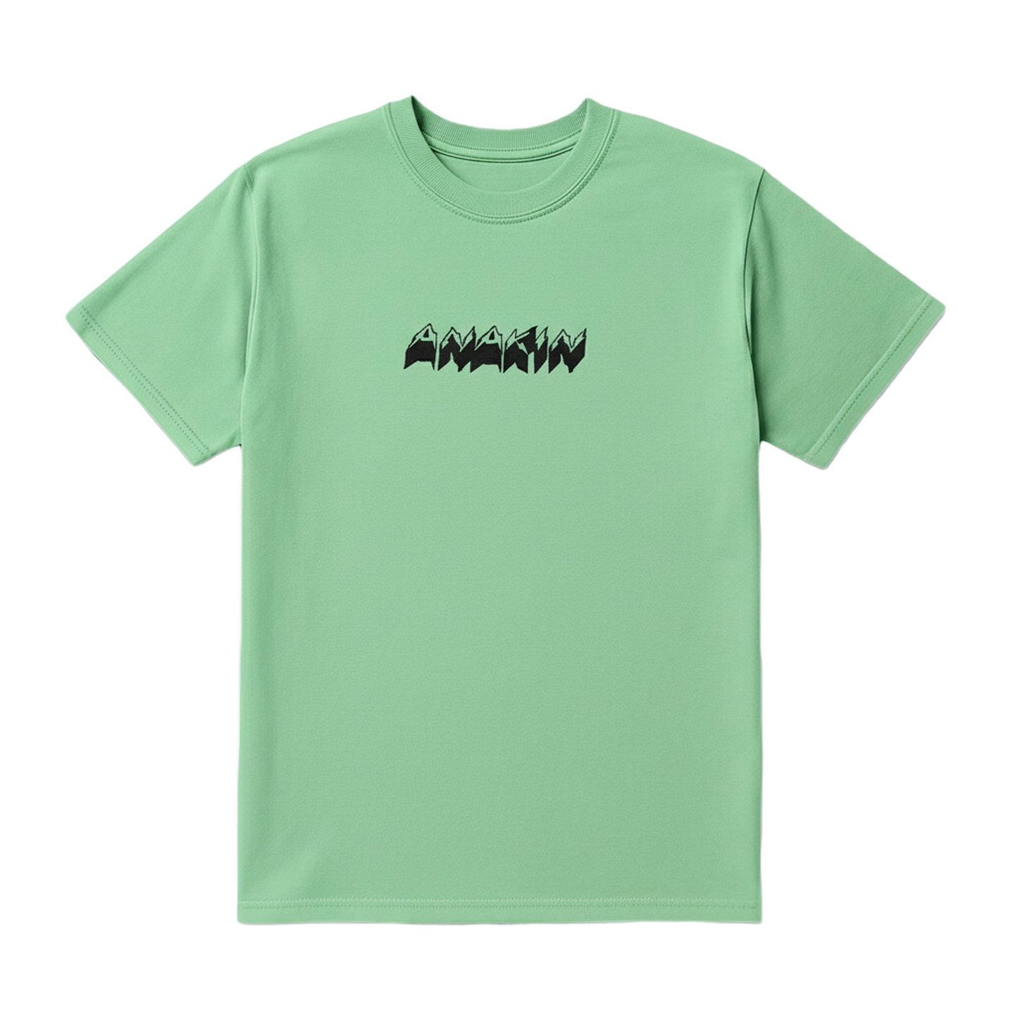 Light green t-shirt with black text on a white background