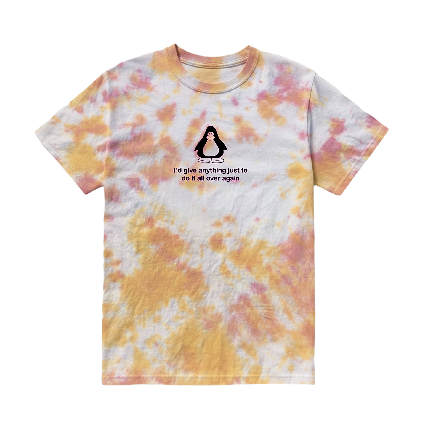 Tie-dye t-shirt with a graphic and text on a white background