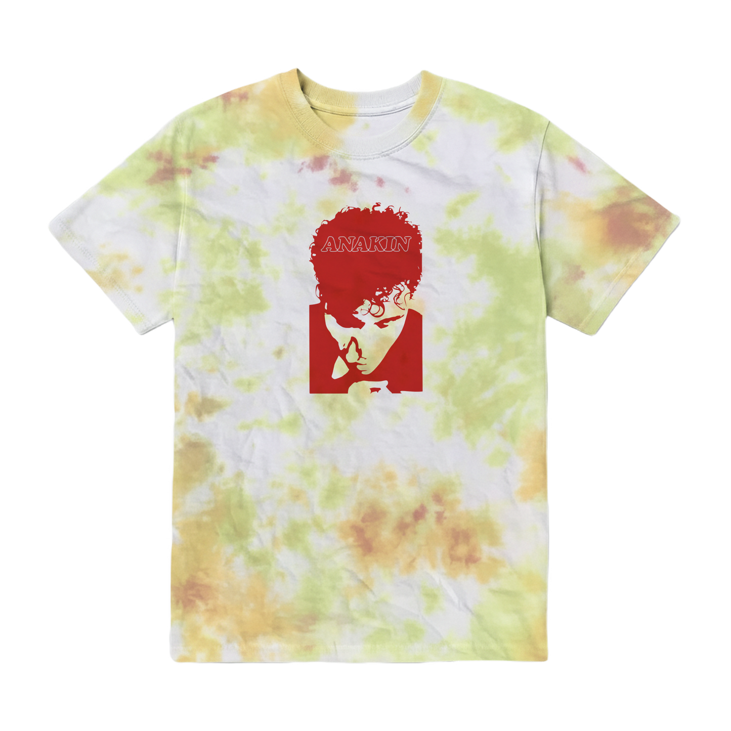 Tie-dye t-shirt with a red graphic on a white background