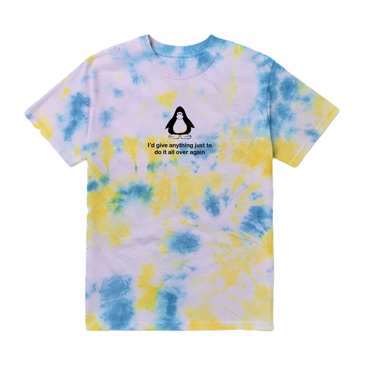 Tie-dye t-shirt with a penguin graphic and text on a white background