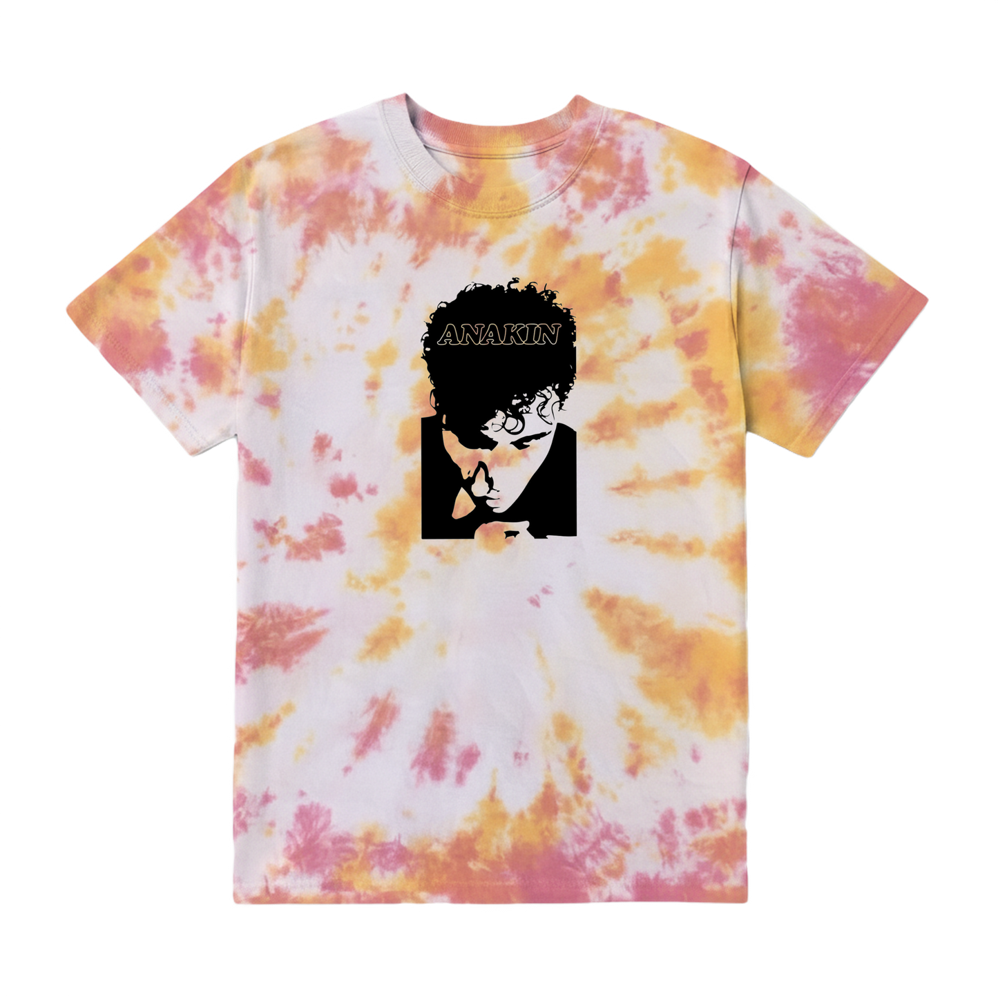Tie-dye t-shirt with a graphic design on a white background