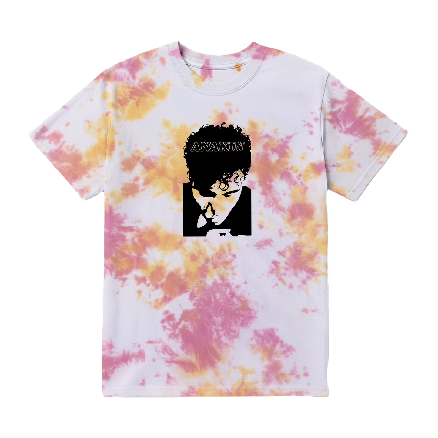 Tie-dye t-shirt with a graphic of a character and the name 'Anakin' on a white background