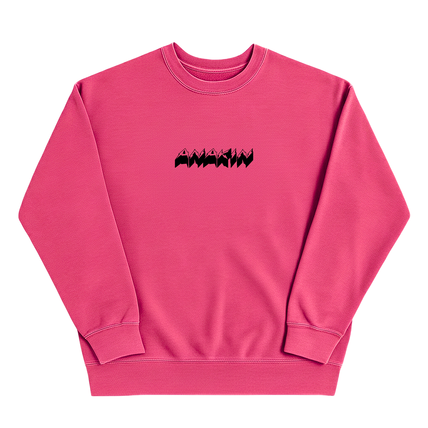 Pink sweatshirt with black graphic design on a white background
