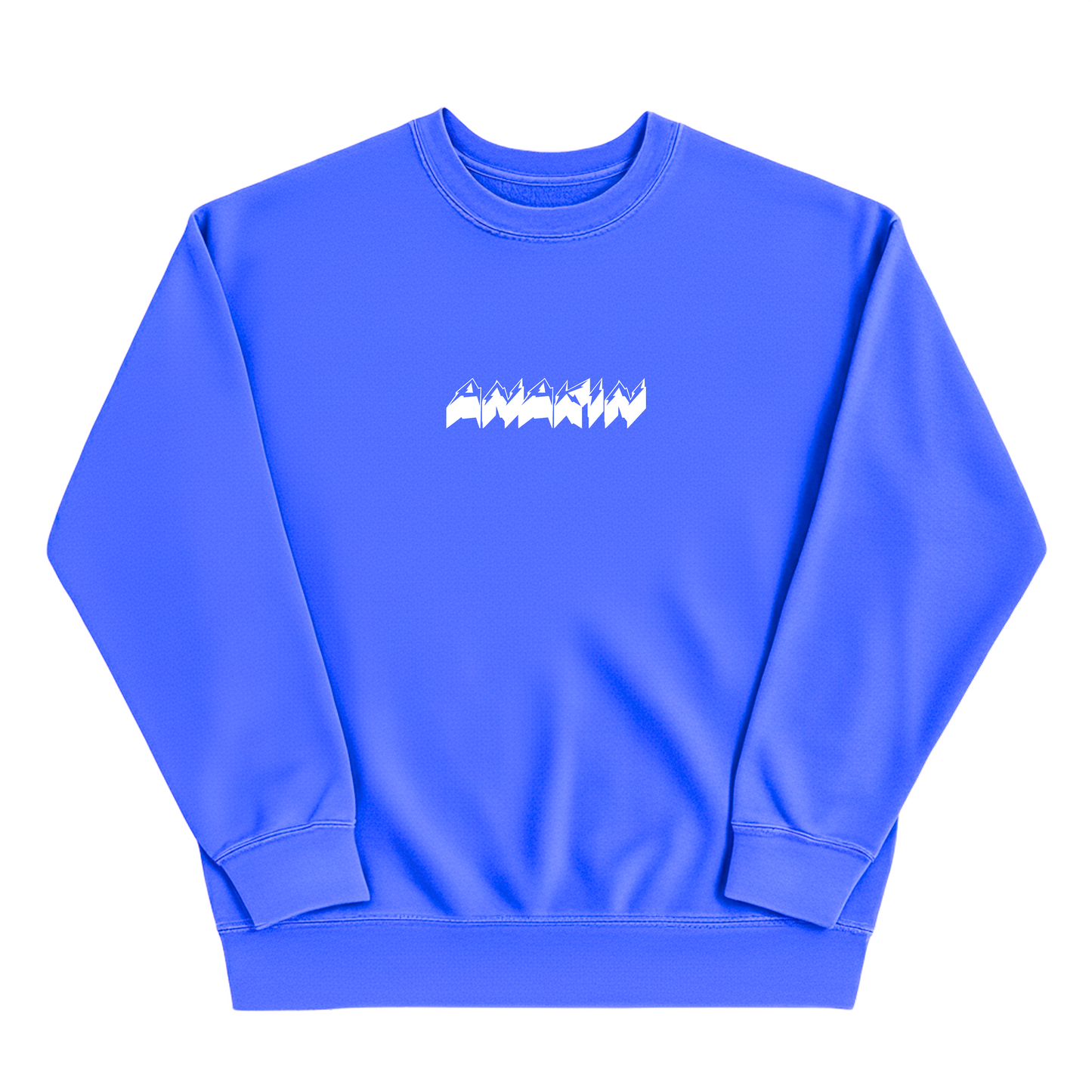 Blue sweatshirt with white text on a white background