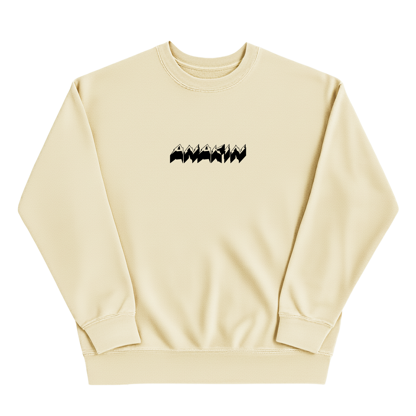 Beige sweatshirt with black text design on a white background