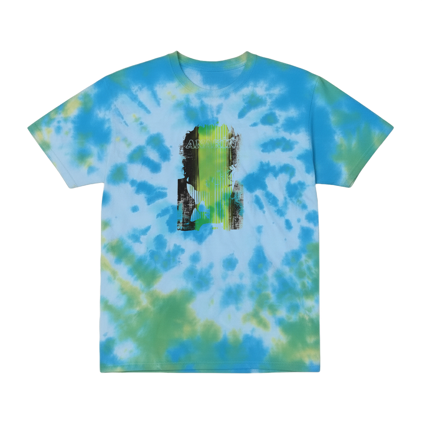 Tie-dye t-shirt with a graphic design on a white background