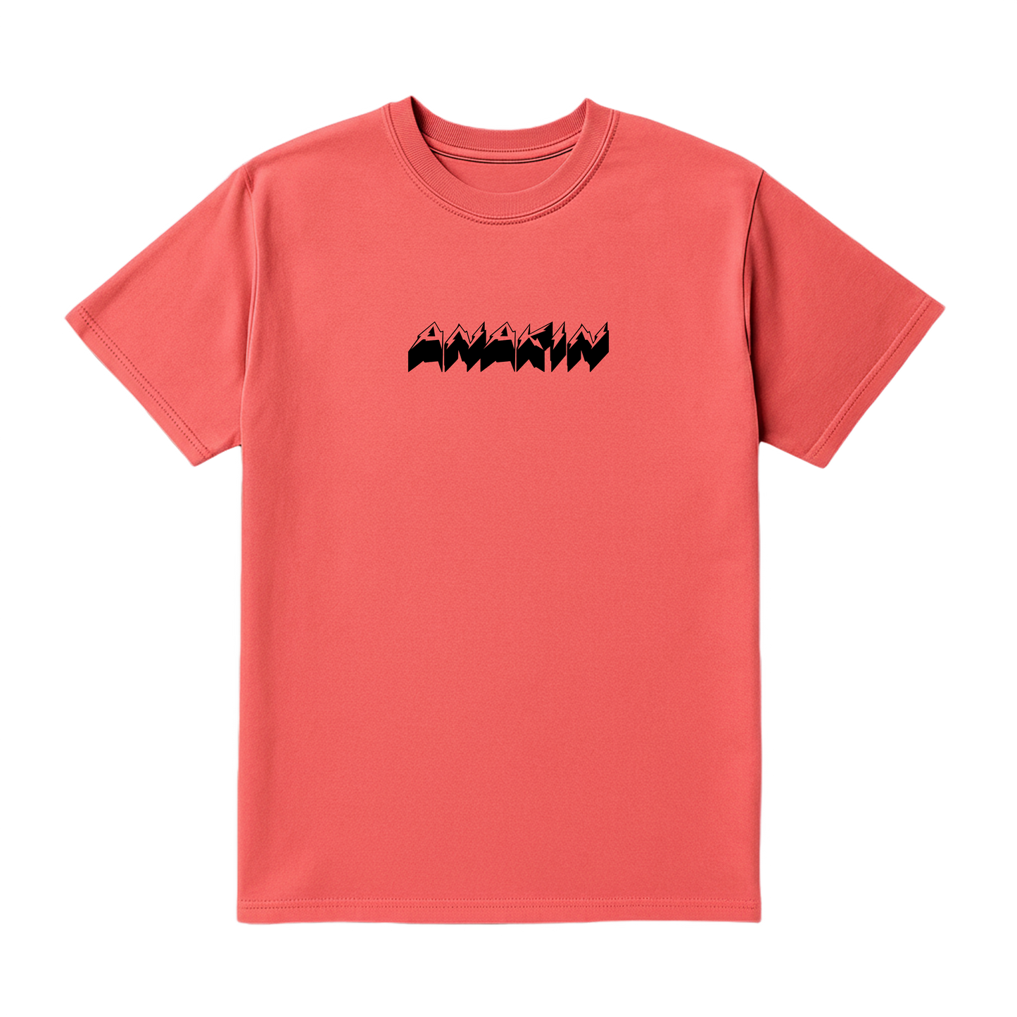 Red t-shirt with black graphic design on a white background