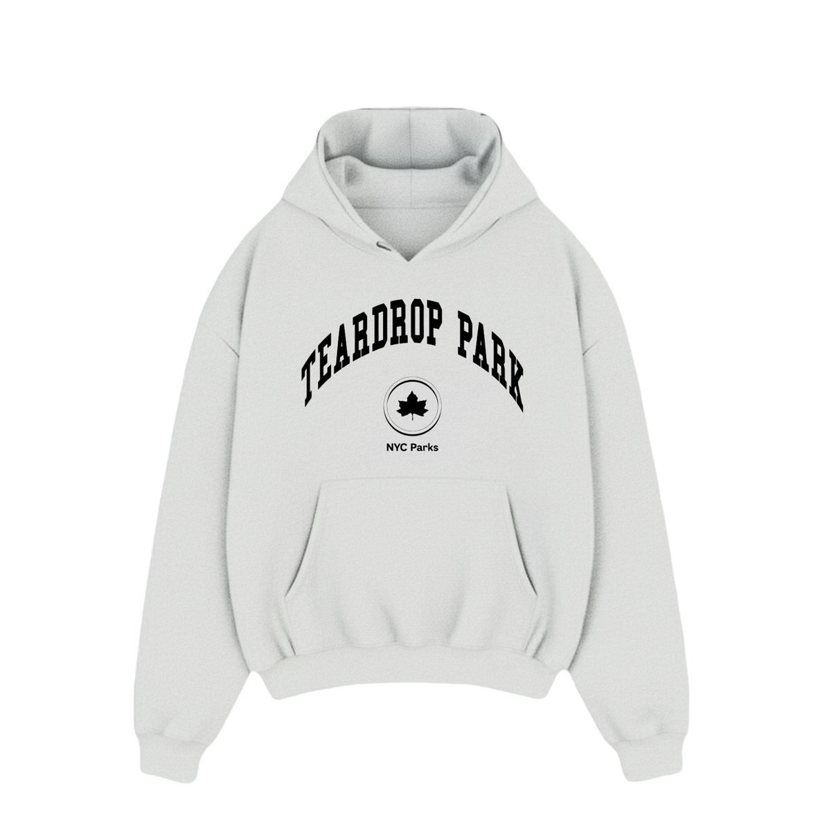 Light gray hoodie with 'Teardrop Park' text and logo on a white background