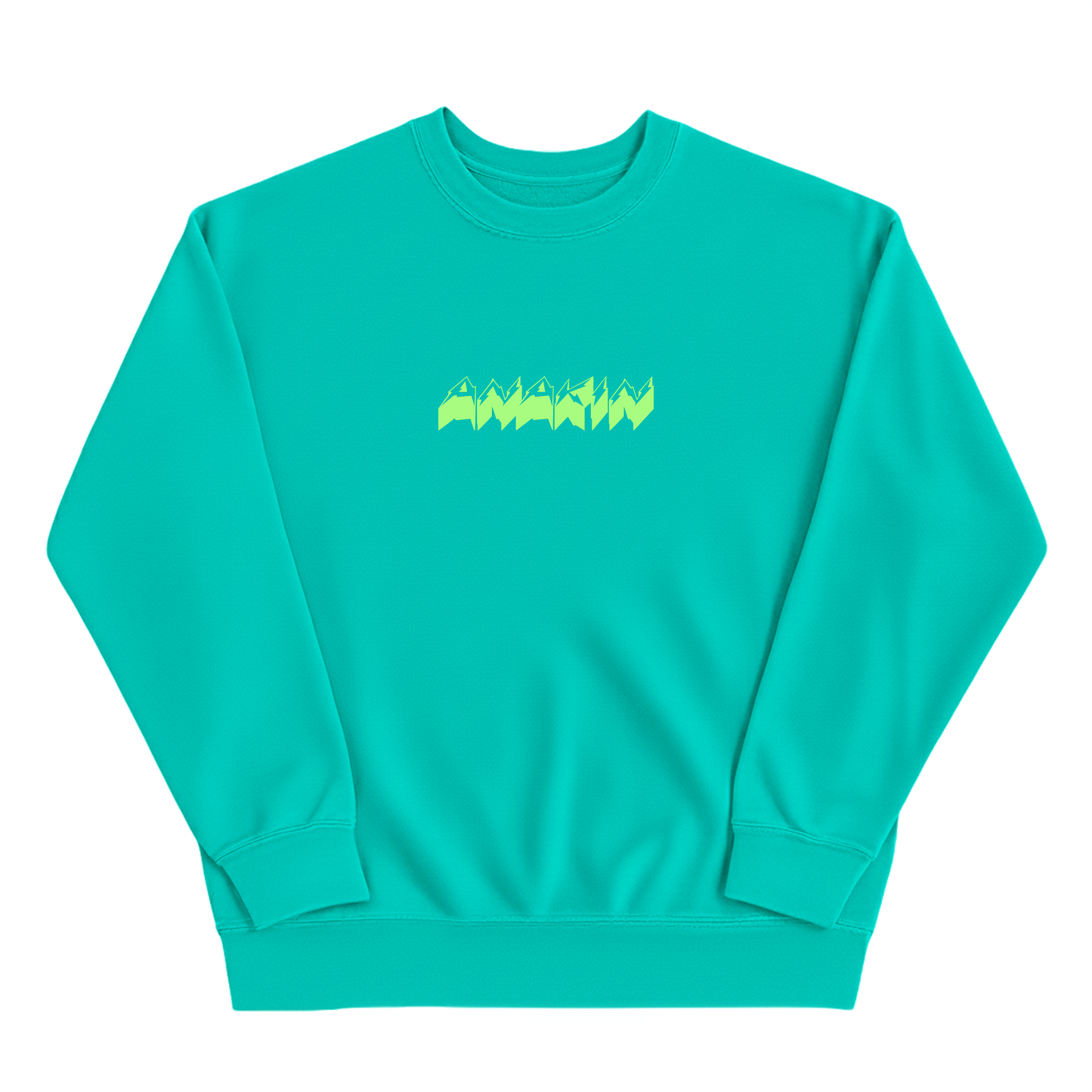 Turquoise sweatshirt with yellow logo on a white background