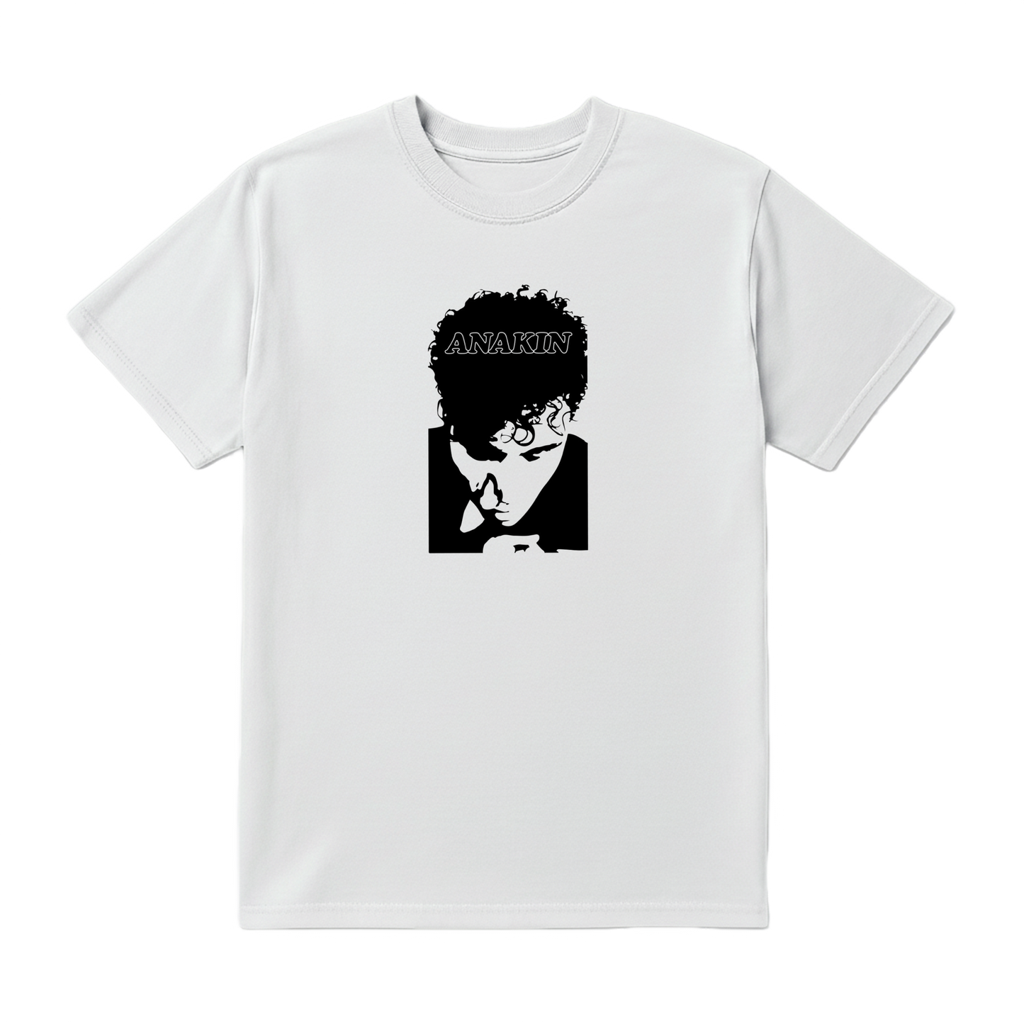 White t-shirt with black graphic design of a character and 'ANAKIN' text on a white background