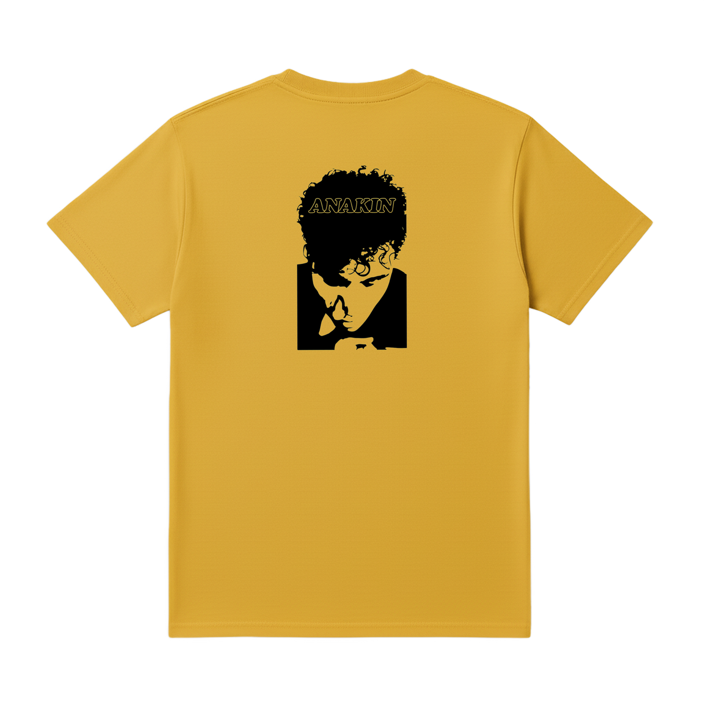 Yellow t-shirt with a black graphic of a person and 'Anakin' text on the back, on a white background.