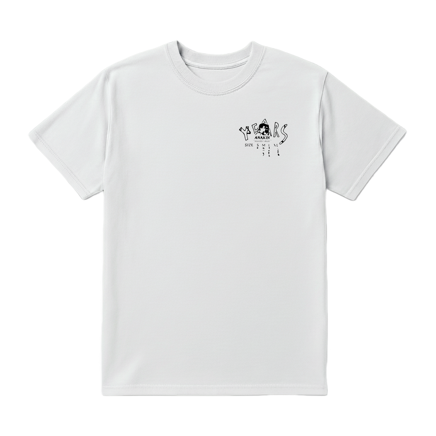 White t-shirt with black graphic design on a white background