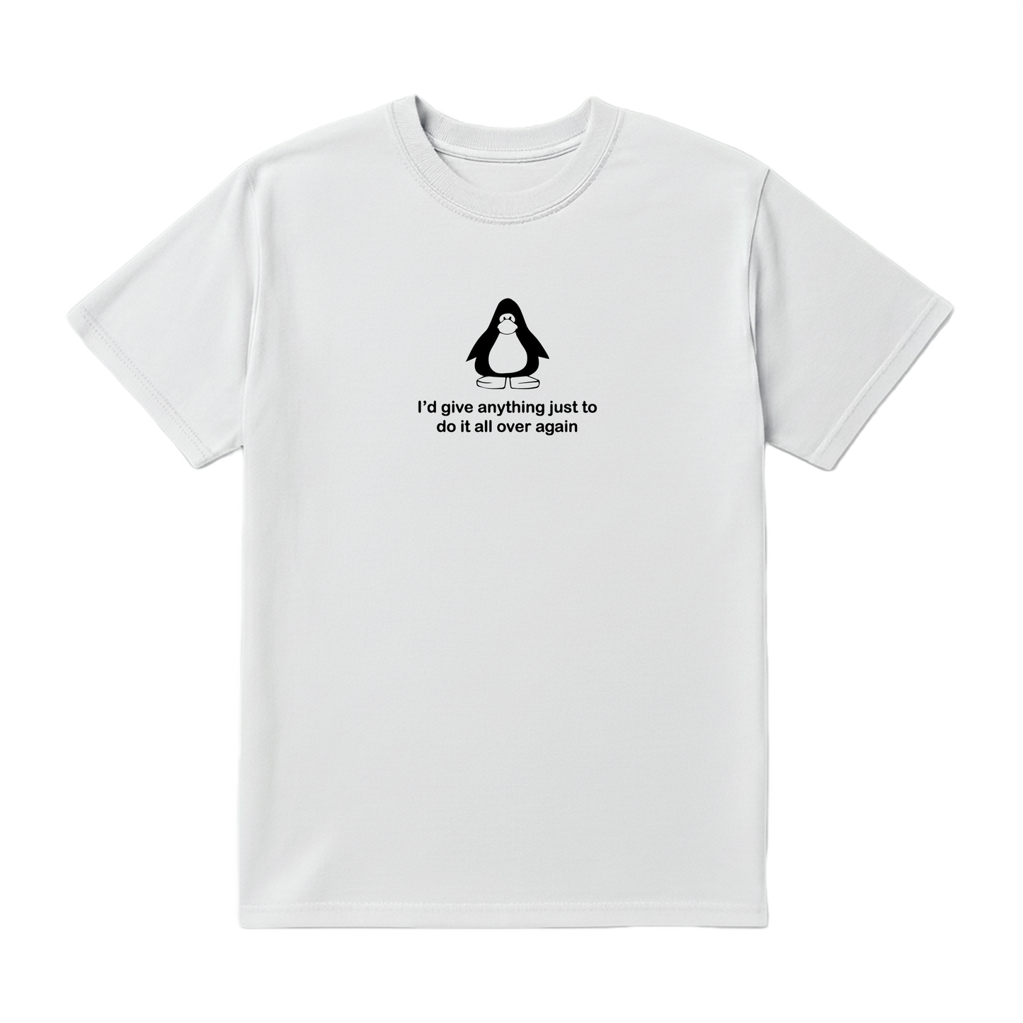 White t-shirt with a penguin graphic and text on a white background