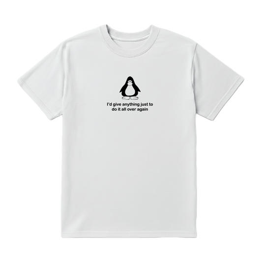 White t-shirt with a penguin graphic and text on a white background
