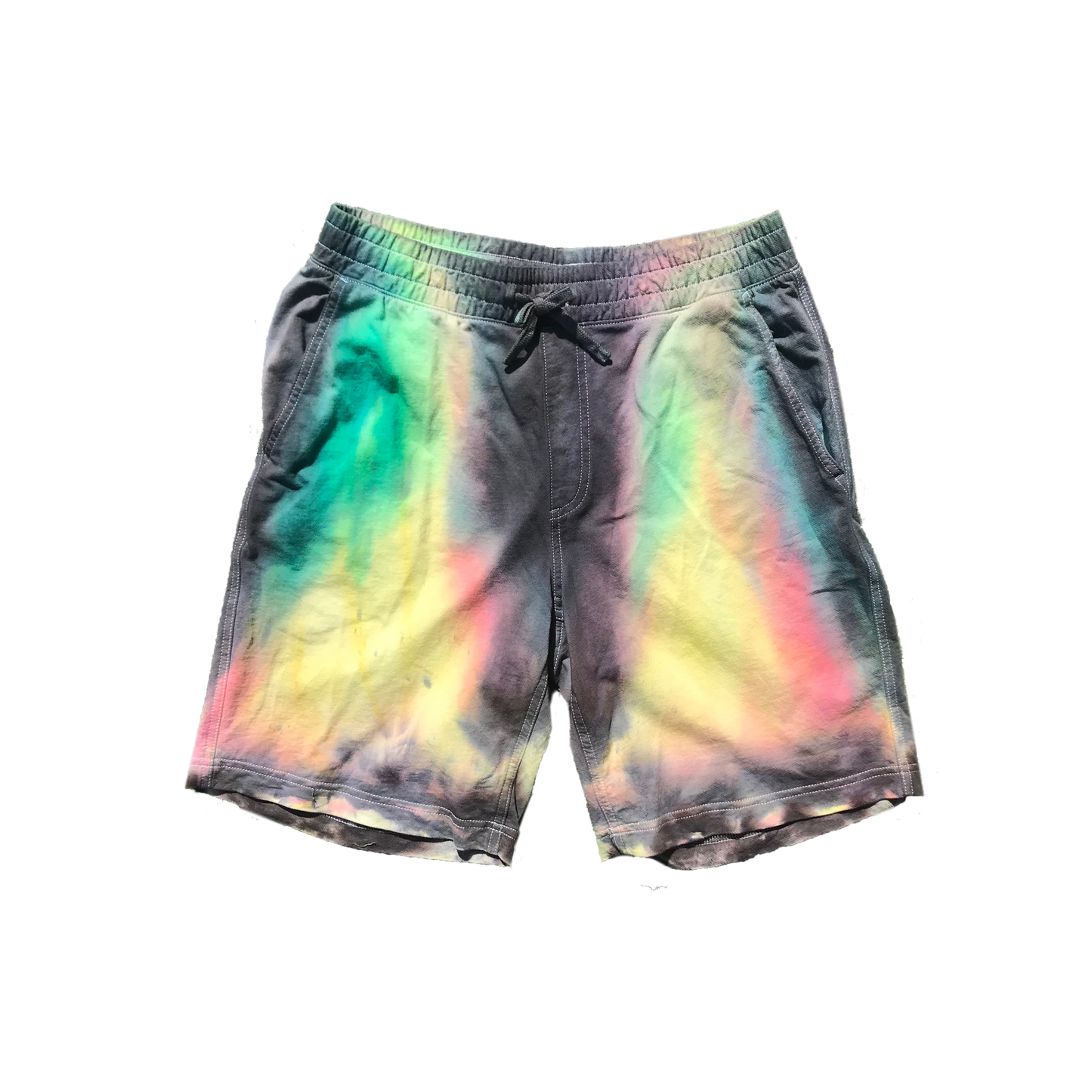 Tie-dye shorts with a colorful pattern on a white background