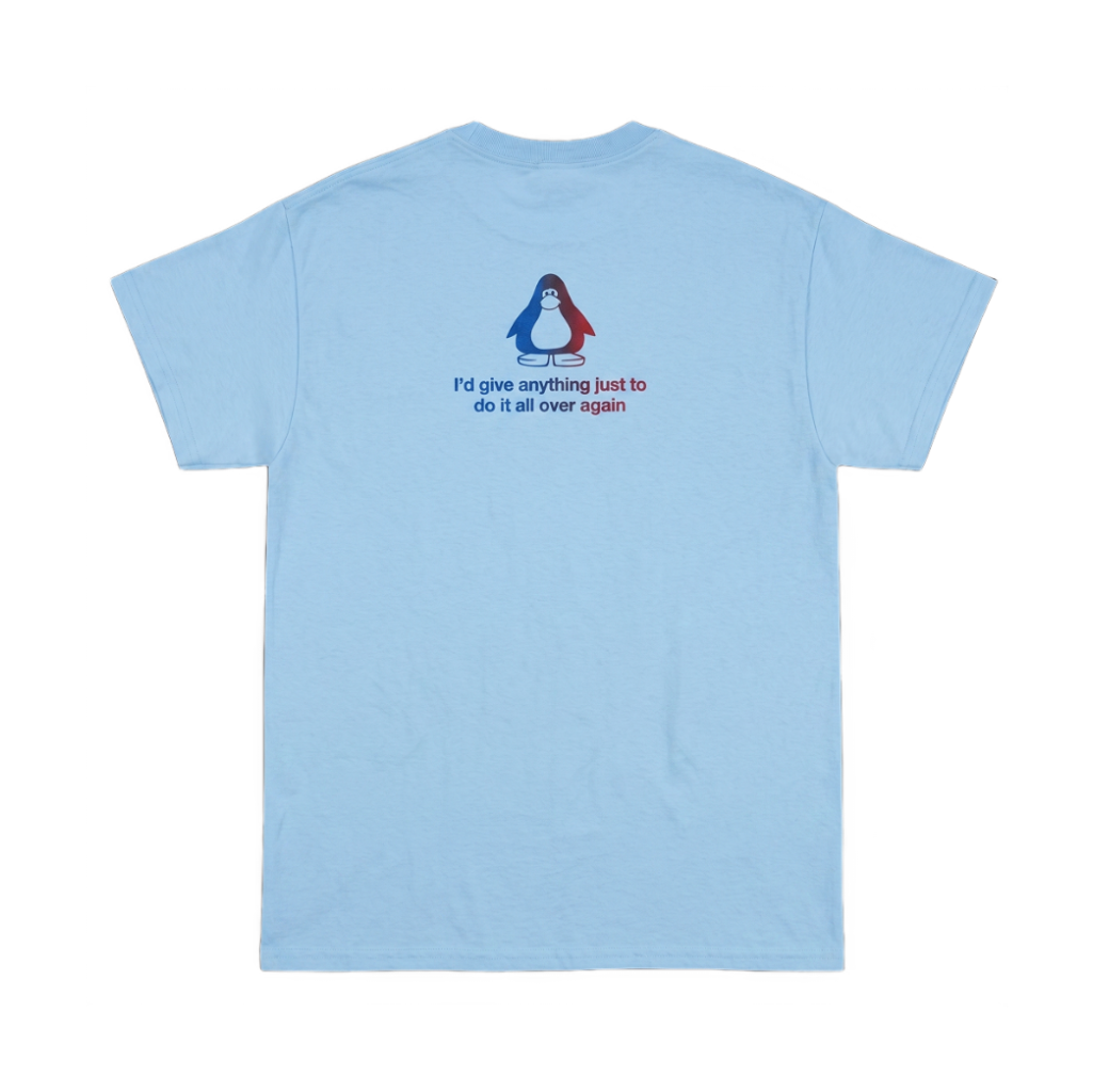 Light blue t-shirt with a penguin graphic and text on the back against a white background