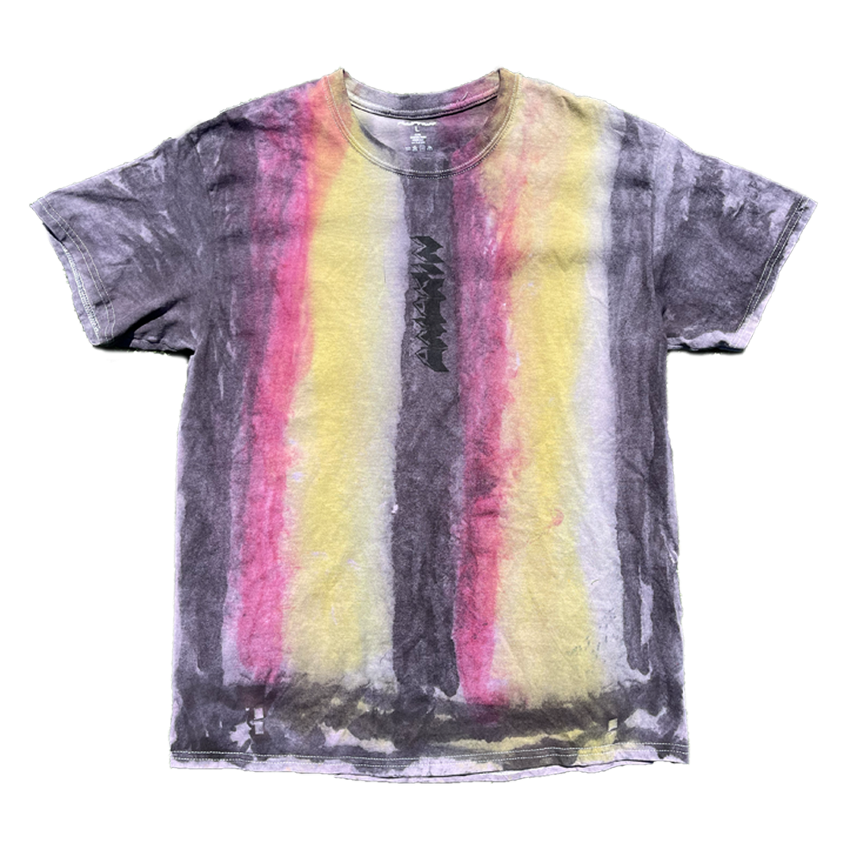 Anakin charcoal crew neck T-shirt with pink and yellow vertical washes and a black vertical chest logo, front view.